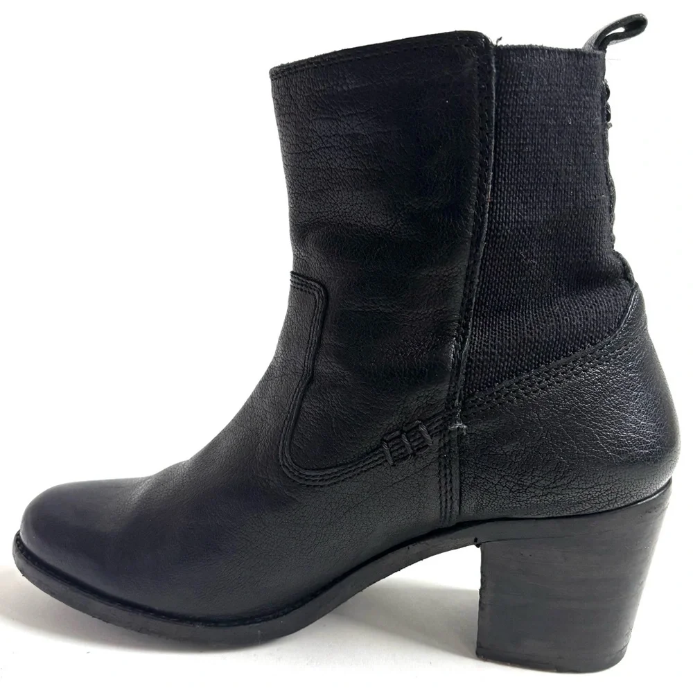 Frye Janis Gore Leather Ankle Boots Block Heels Pull On Black Size 8